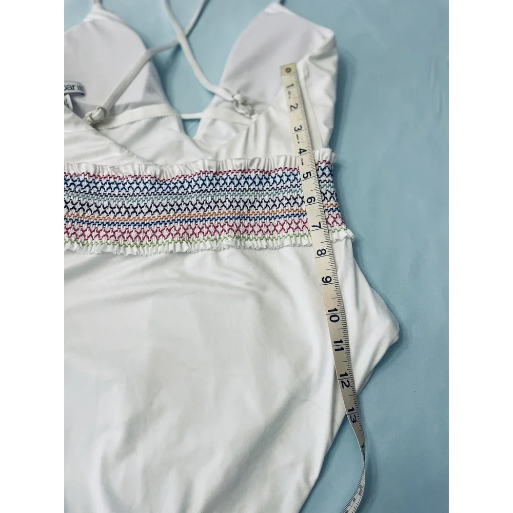 Bar III Swimsuit Womens Small White One Piece Smocked Waist Multicolor Trim Swim